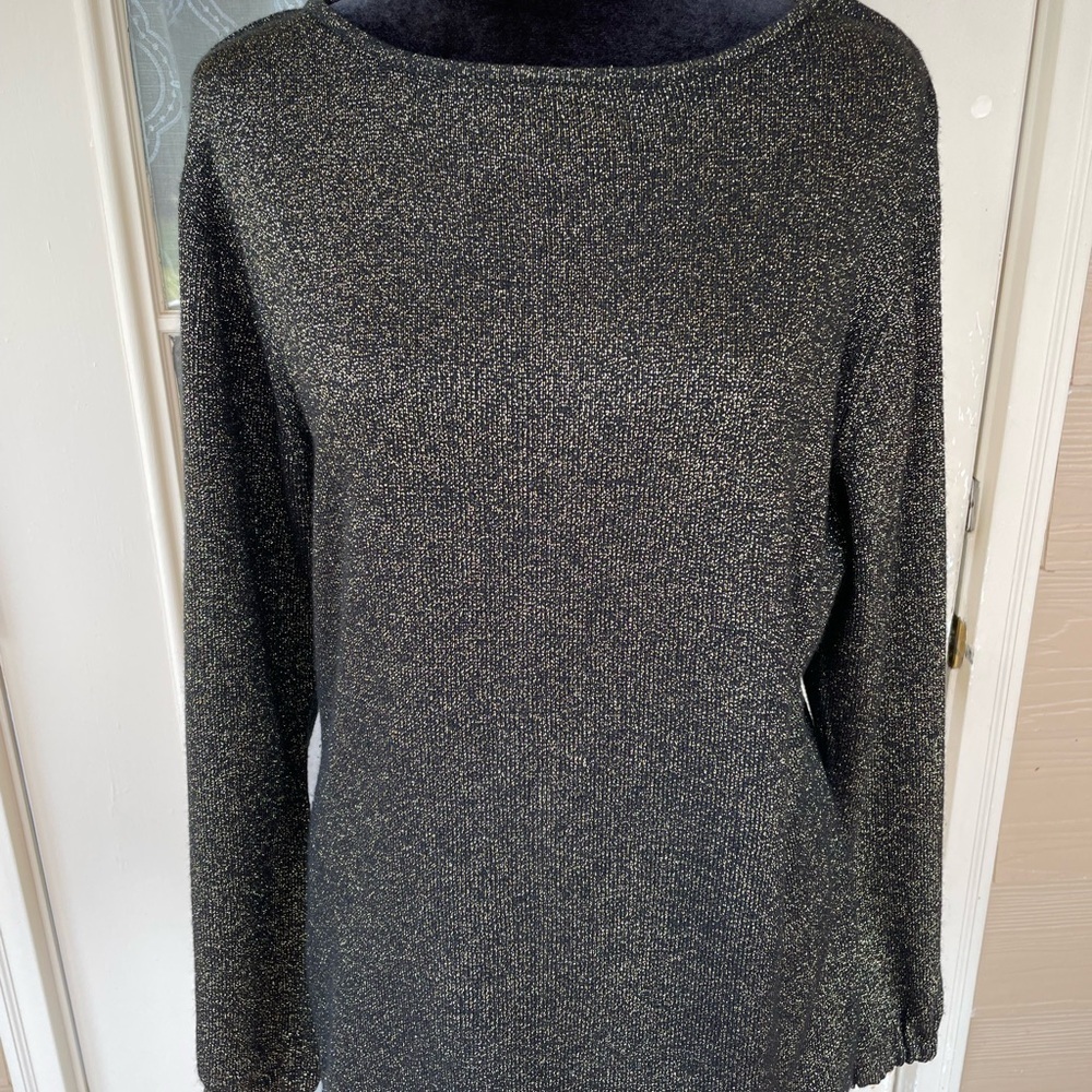 Bill Blass Metallic Knit Sweater Size M Black Gold Shimmer Long Sleeve
